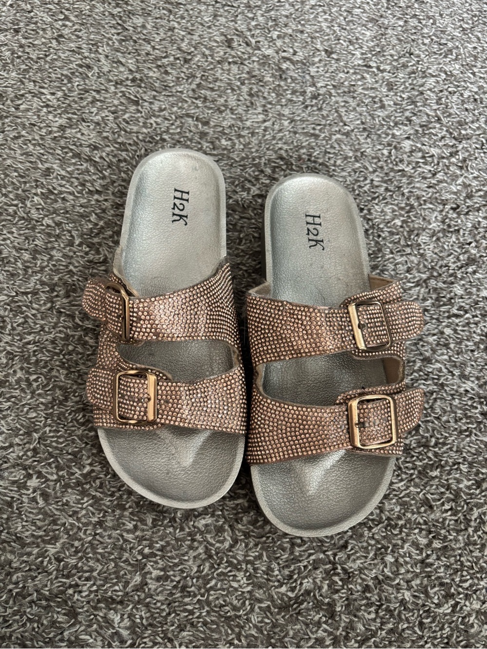 H2K Rose Gold Bling Double-Buckle Slide Sandals